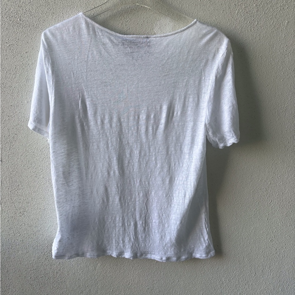 Anthro James Coviello Large Short Sleeve Crochet Round Neck Linen White Tee Soft - Picture 3 of 8